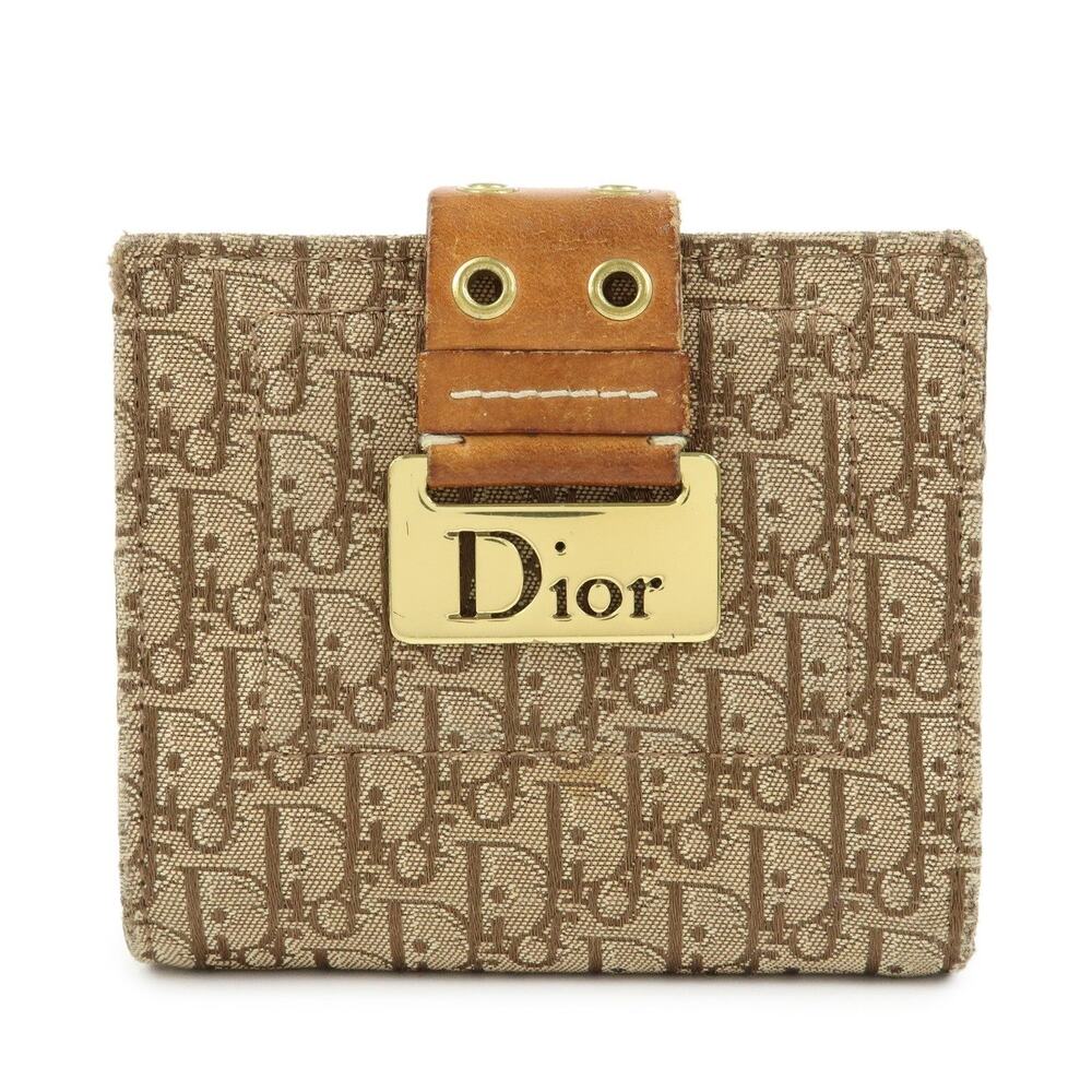 Christian Dior Trotter & Leather Bi-fold Compact Wallet Beige
